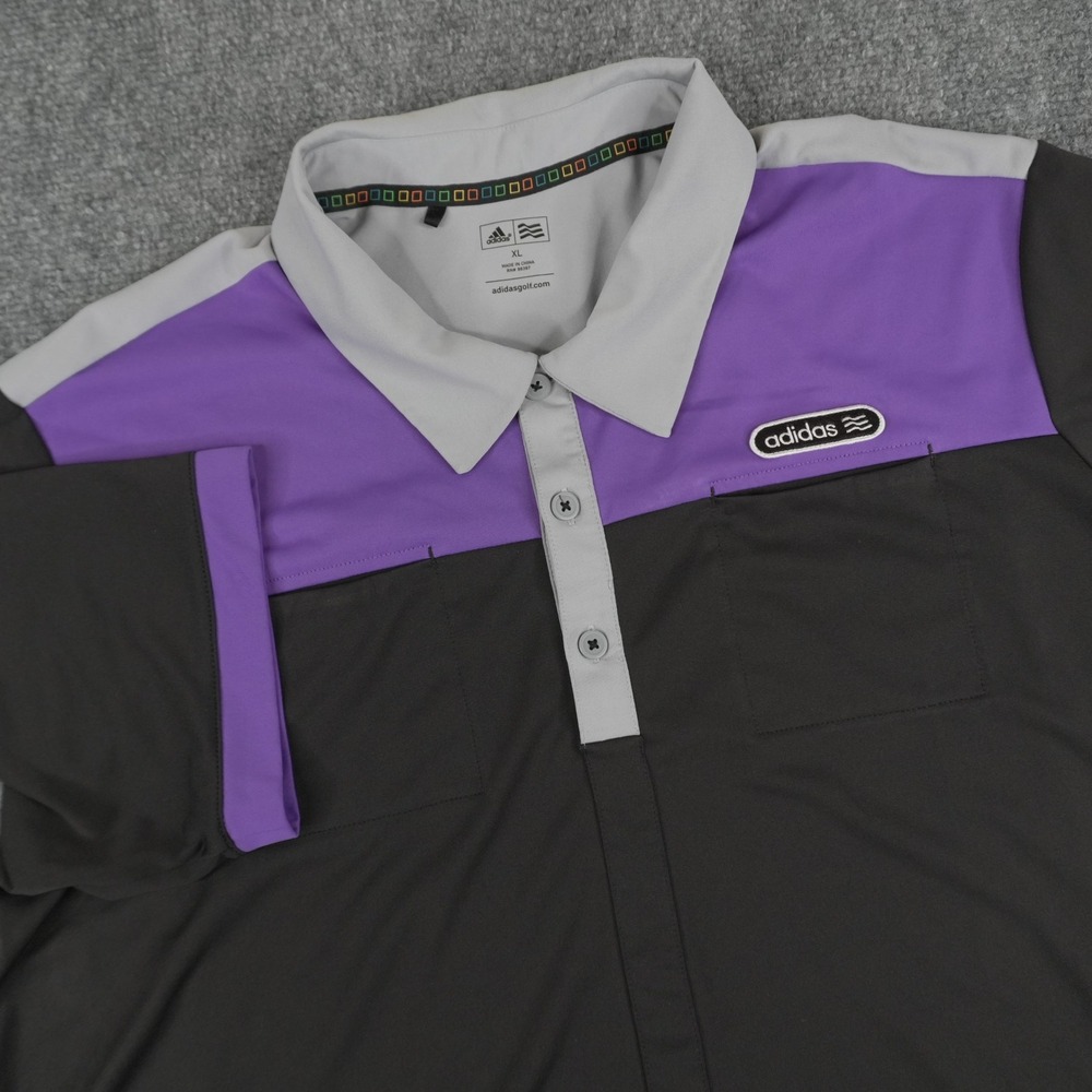 Adidas‎ Golf Polo Shirt Mens XL Black Purple Grey Colorblock Chest Pocket Logo